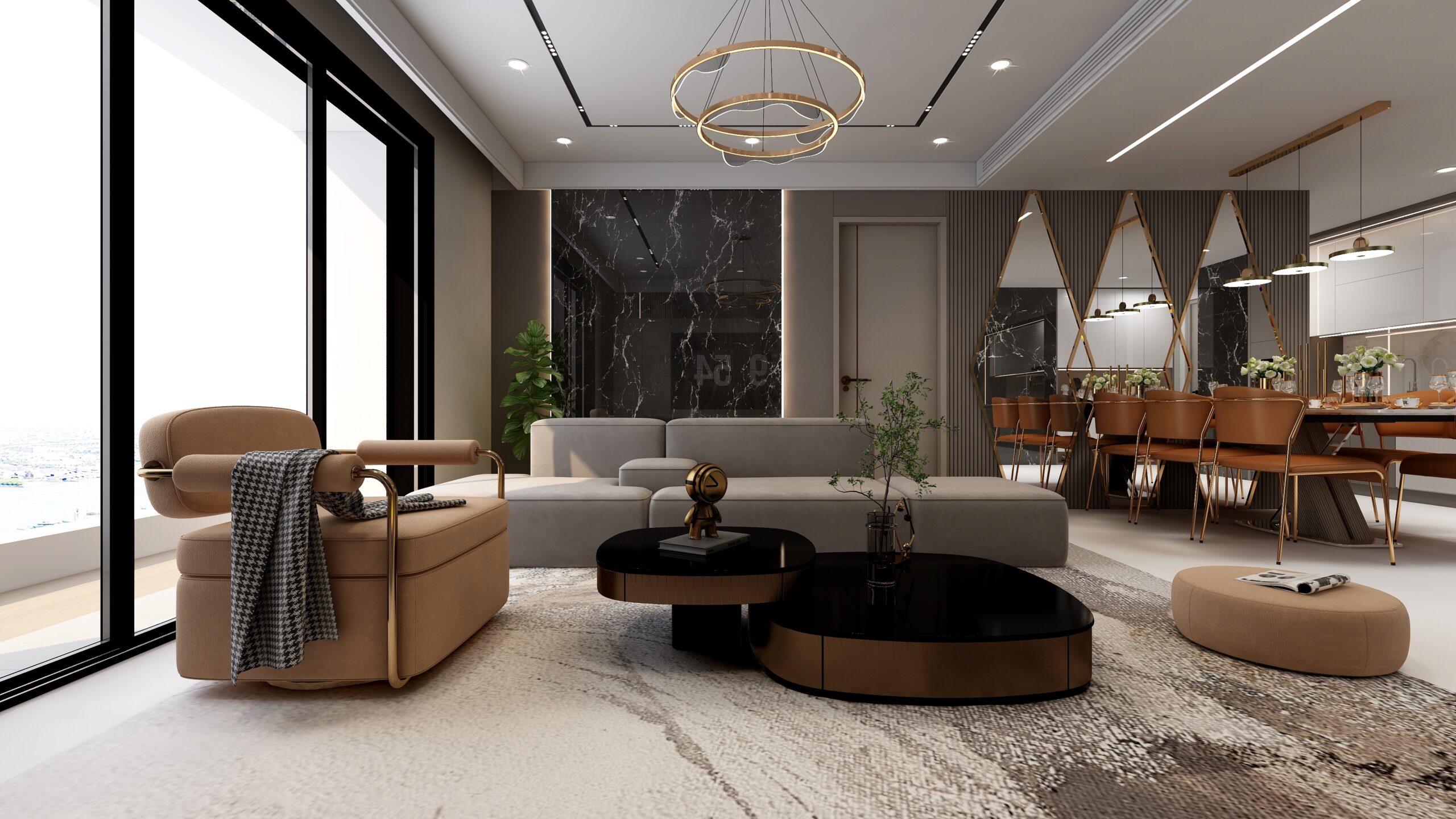 "Spacious living room by the best home interiors in Kochi featuring modern furniture and warm lighting"